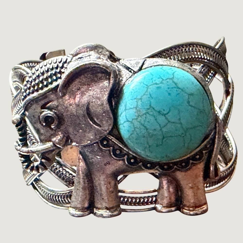 Vintage Silver Tone Elephant Cuff Bracelet Faux Turquoise Braided Wire Boho